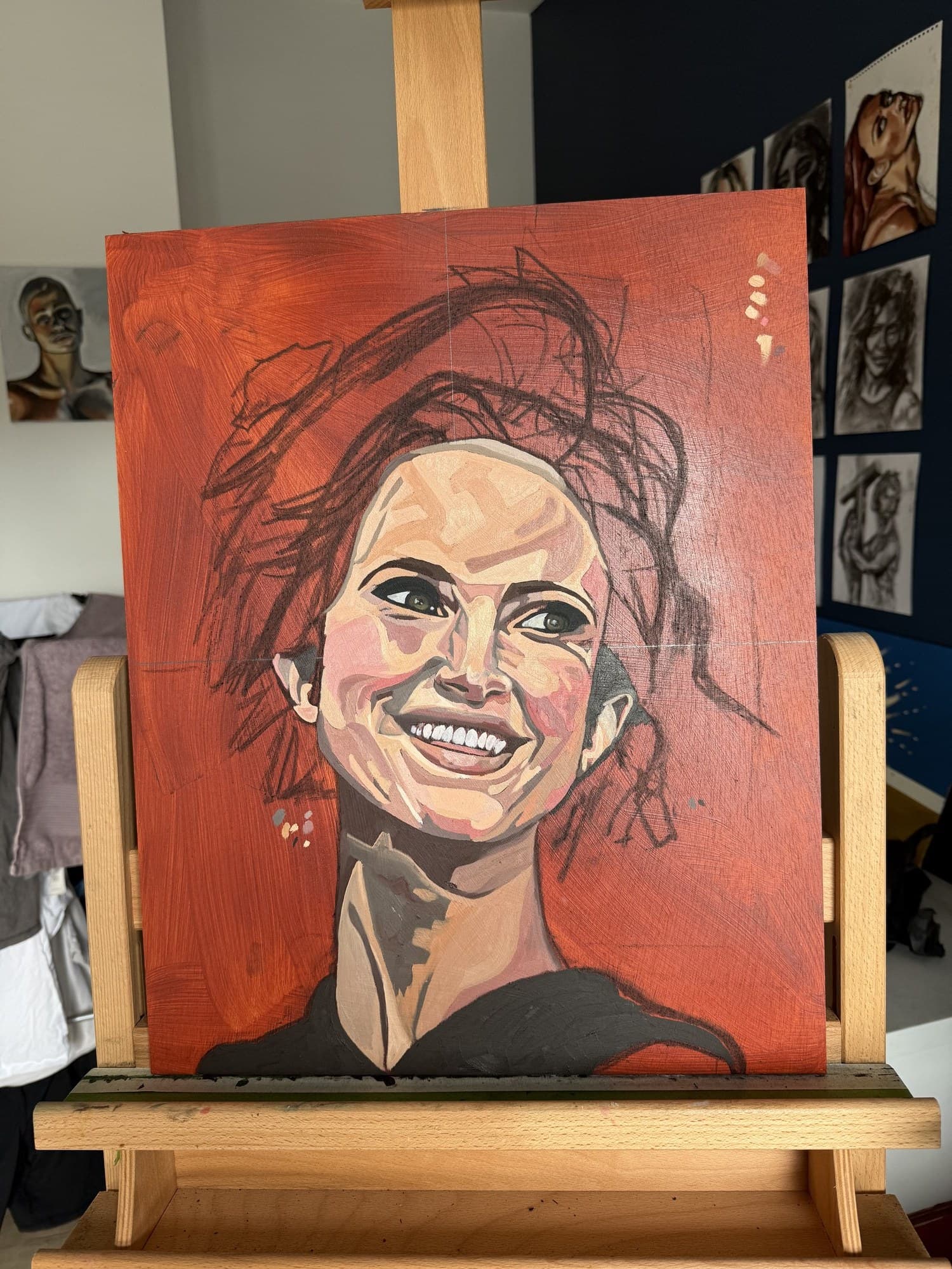 Work-in-progress oil painting of Hayley Williams on the easel