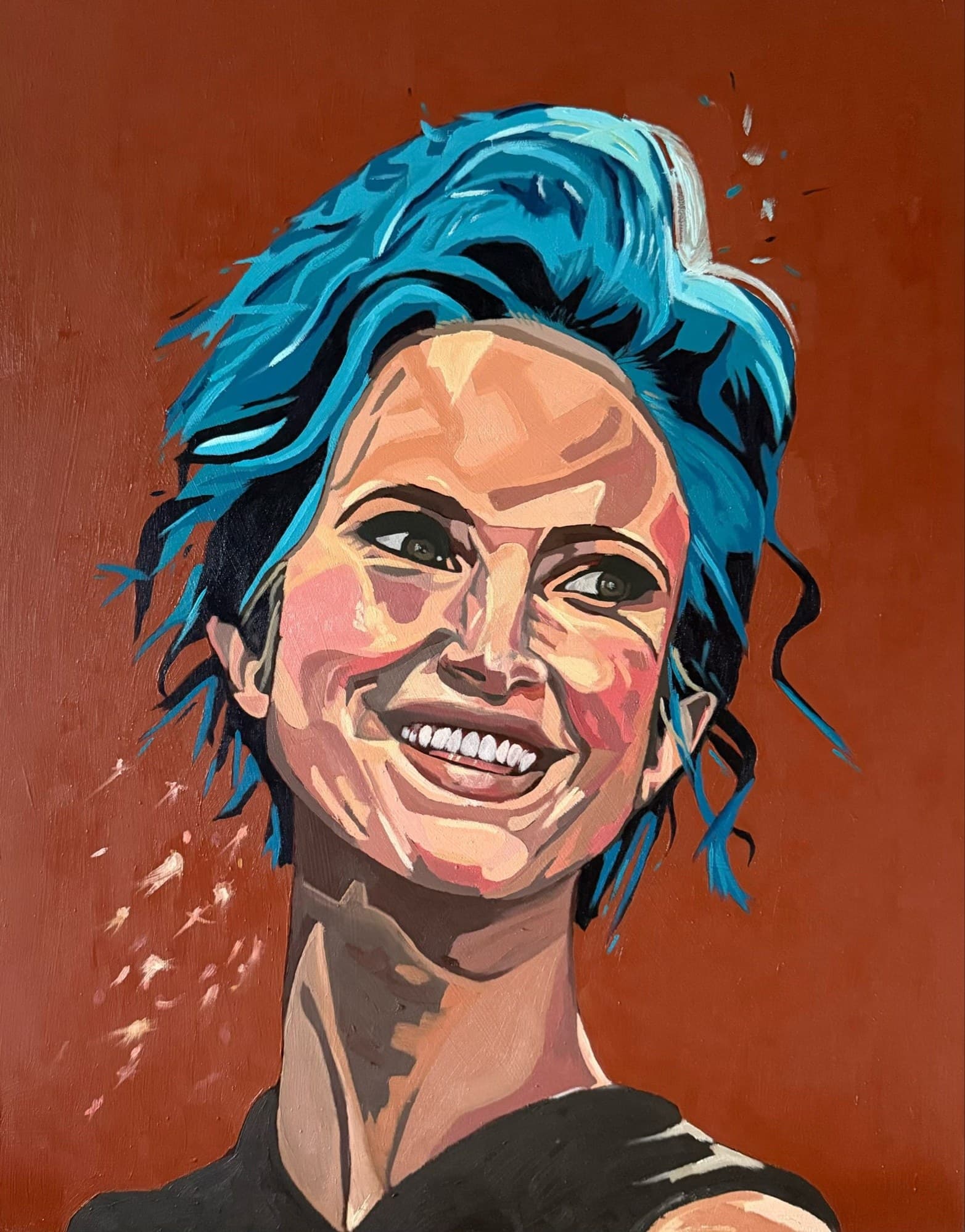 Oil portrait of Hayley Williams with vivid blue hair on a burnt-orange background