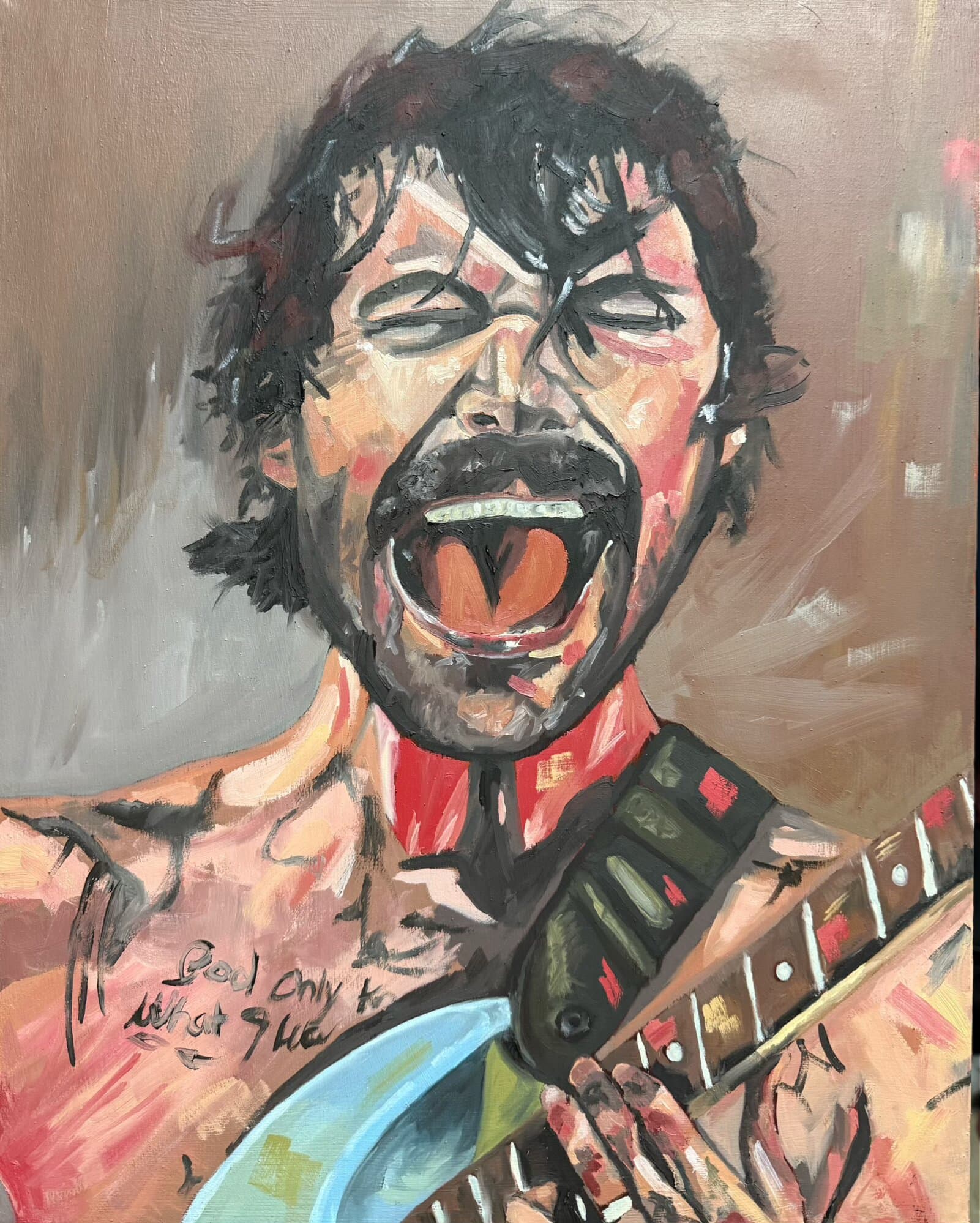 Oil portrait of Simon Neil mid-scream with a guitar